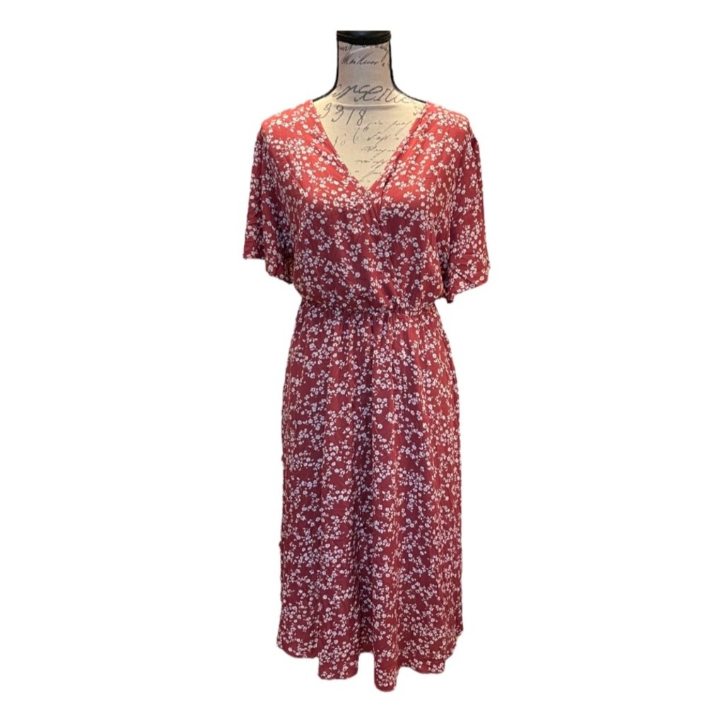BloomChic Floral Midi Dress Burgundy Red V-Neck Flutter Sleeve US 22-24 Romantic
